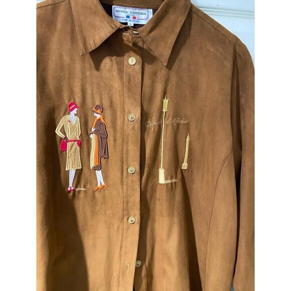 Defense D'Afficher Brown Button Down Top Blouse Shirt Suede France Size 5 - Picture 2 of 11